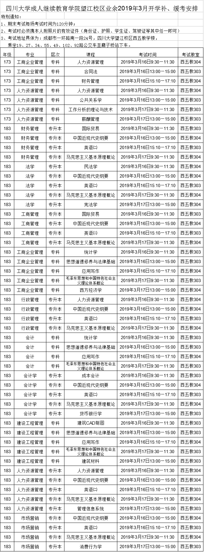 四川大学成考业余2019年3月开学补考、缓考安排.png